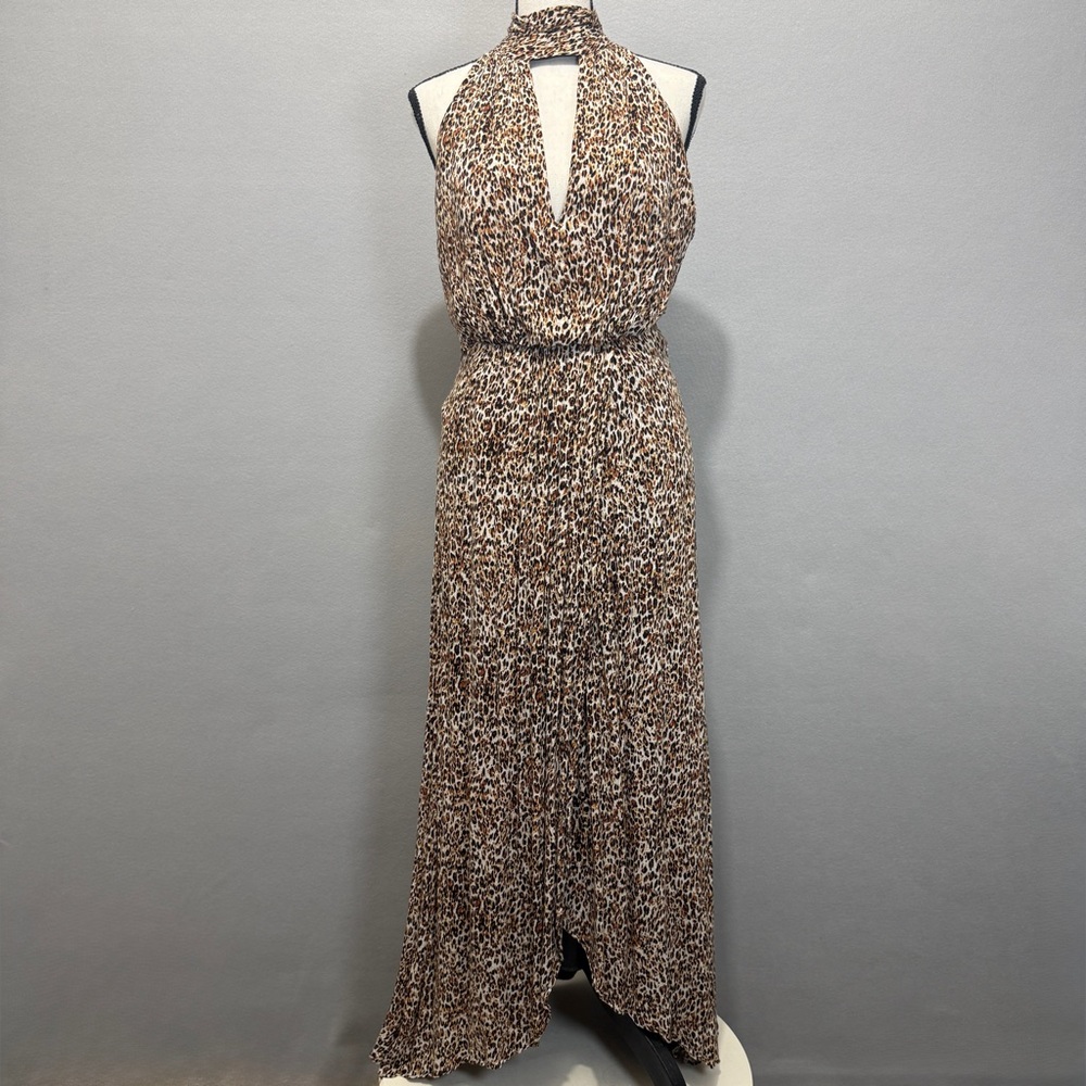 Free People Maxi Dress Small 2 Leopard Print Halter Deep V Neck Cinched Waist